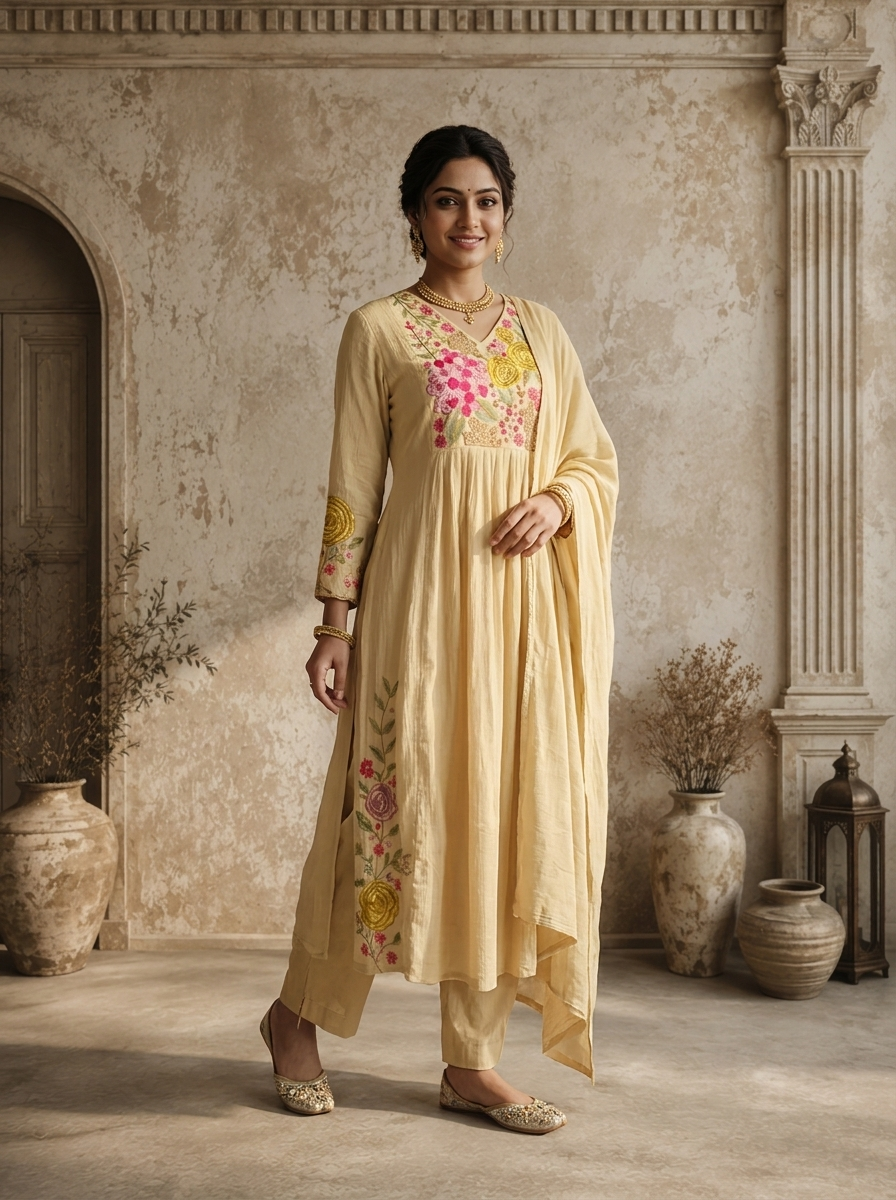 Cream Cotton Floral Thread Embroidered Three Piece Set