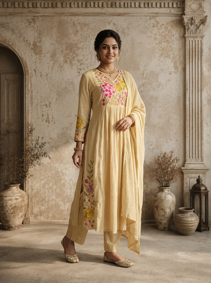 Cream Cotton Floral Thread Embroidered Three Piece Set