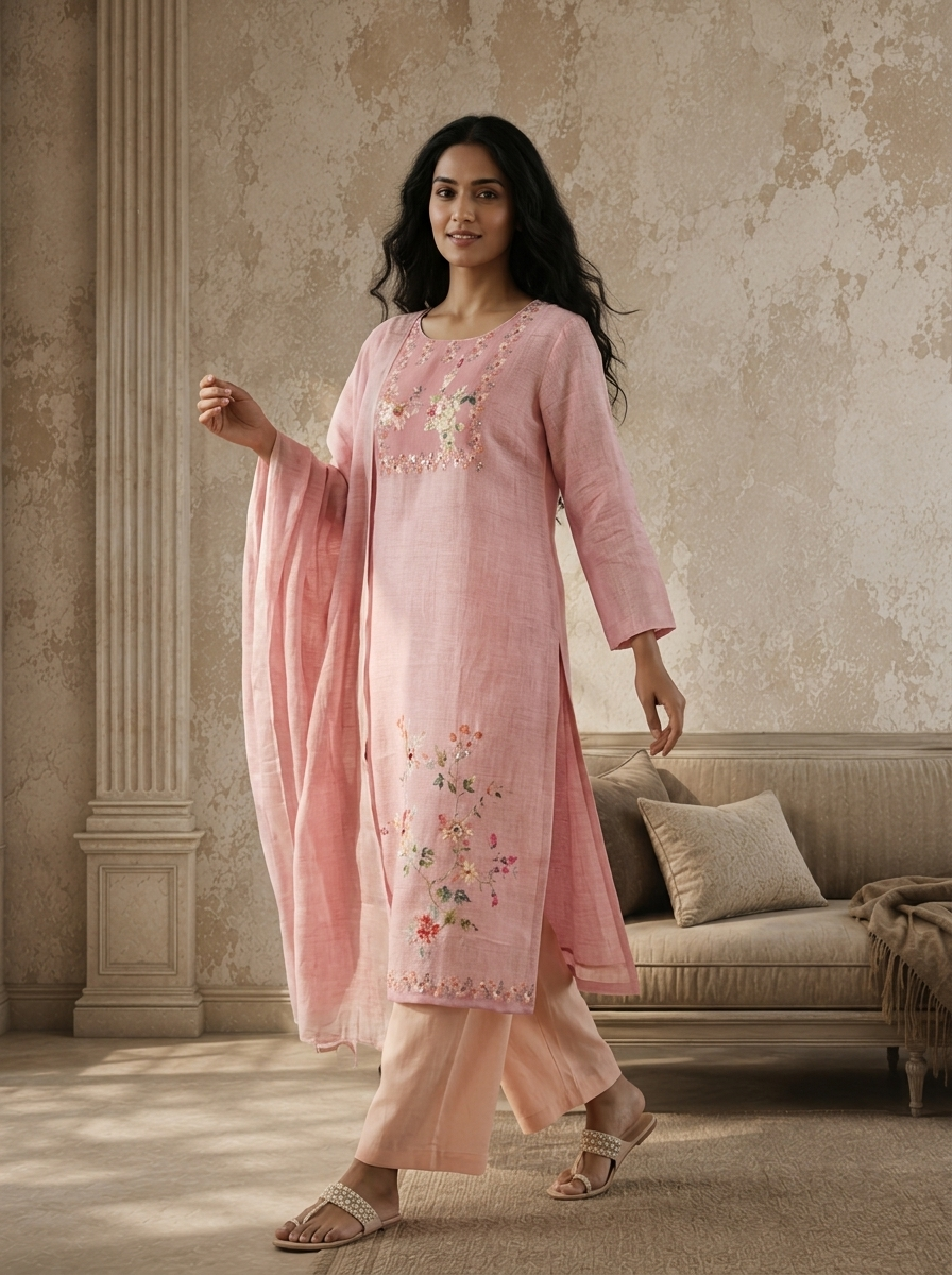 Baby Pink Linen Garden Floral Printed Three Piece Set