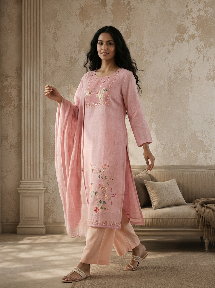 Baby Pink Linen Garden Floral Printed Three Piece Set