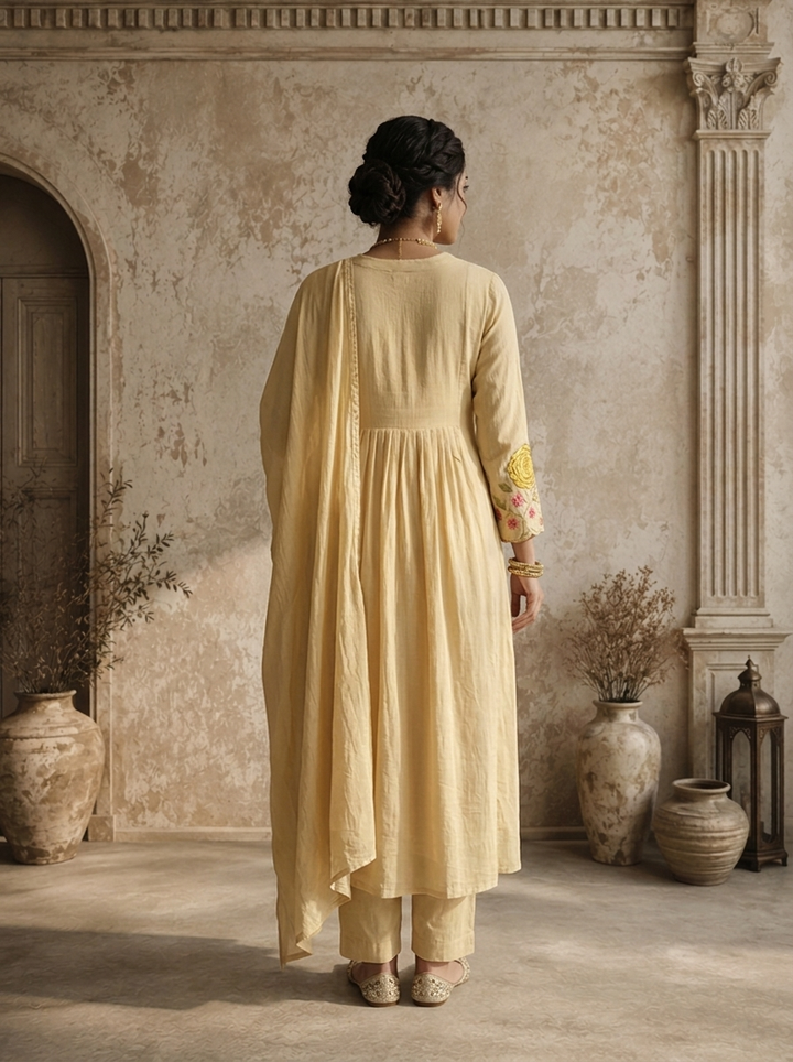 Cream Cotton Floral Thread Embroidered Three Piece Set