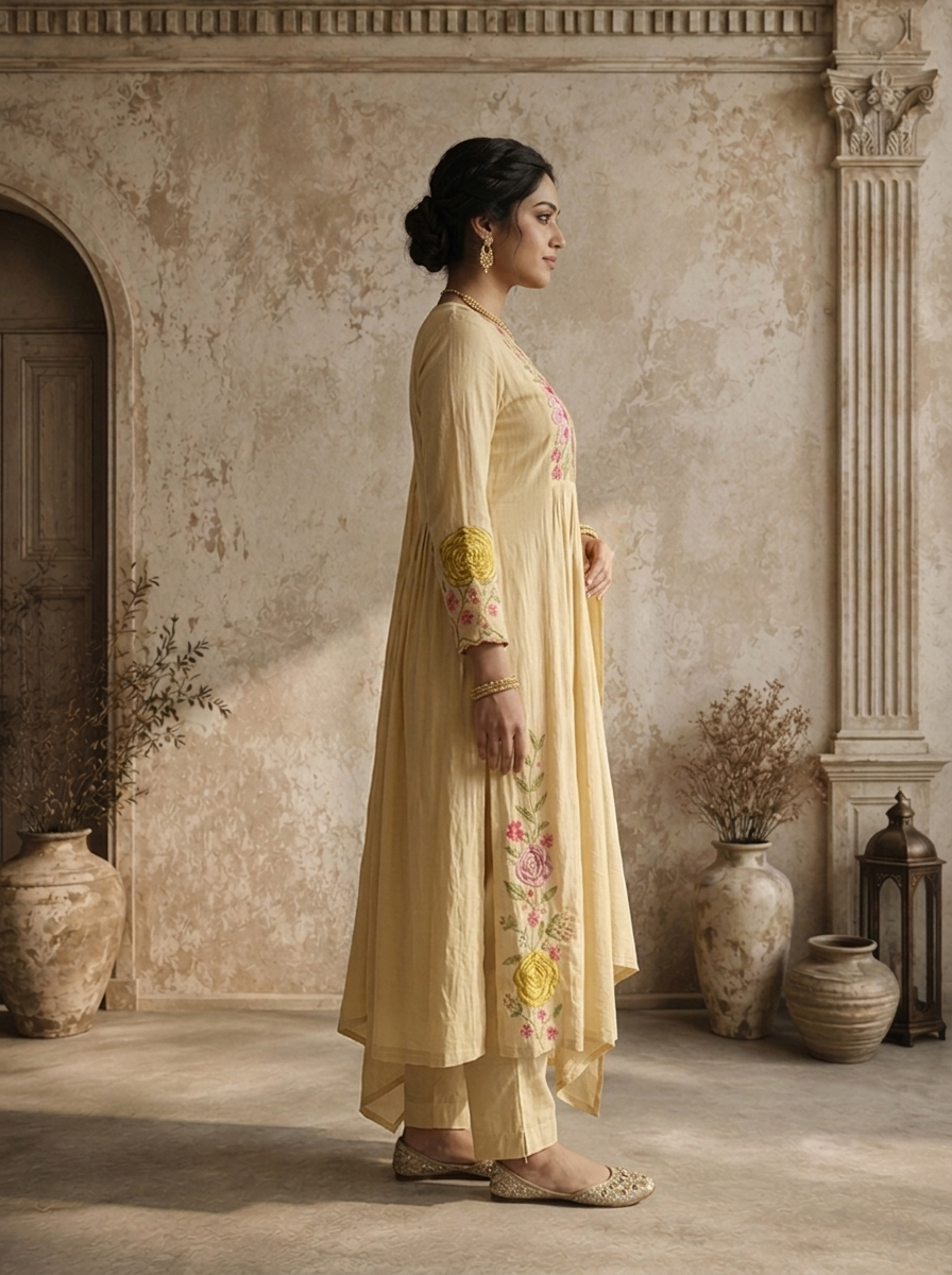 Cream Cotton Floral Thread Embroidered Three Piece Set