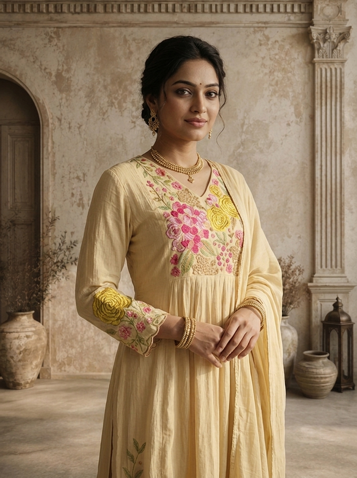 Cream Cotton Floral Thread Embroidered Three Piece Set