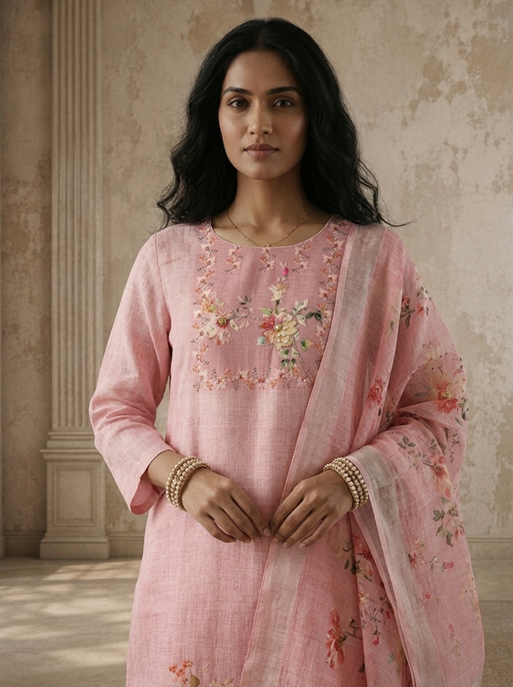 Baby Pink Linen Garden Floral Printed Three Piece Set