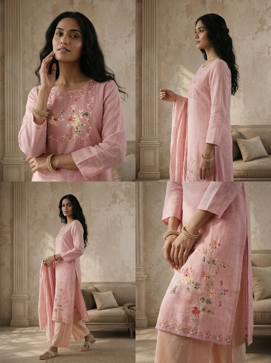 Baby Pink Linen Garden Floral Printed Three Piece Set