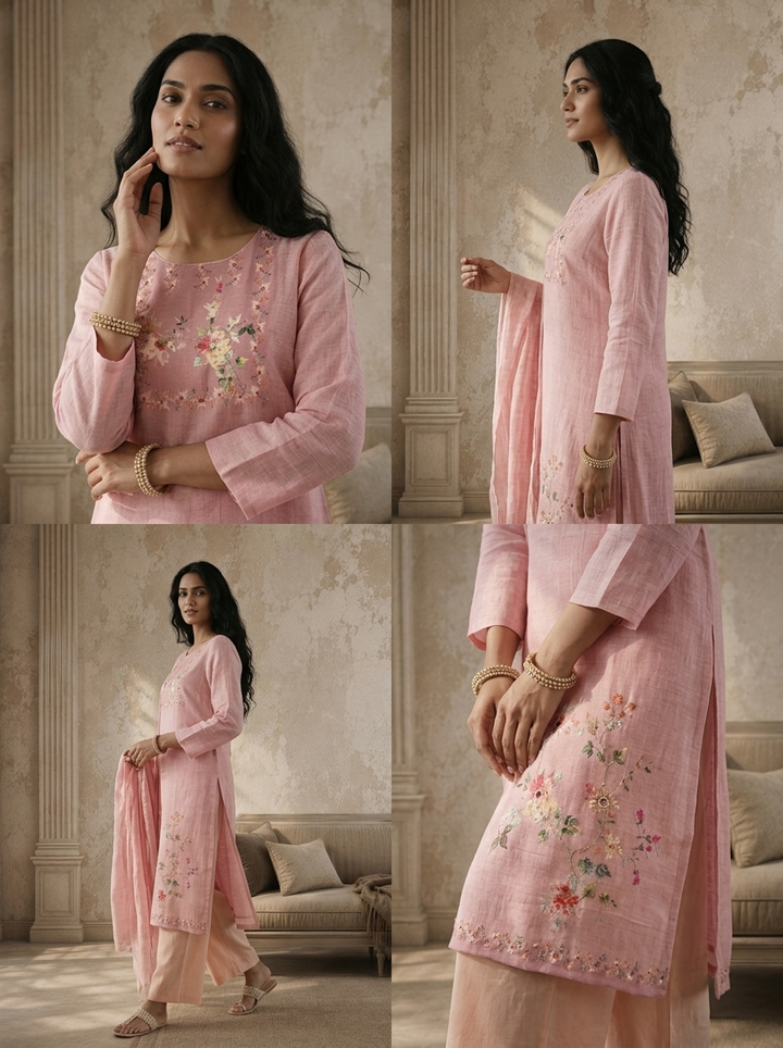 Baby Pink Linen Garden Floral Printed Three Piece Set
