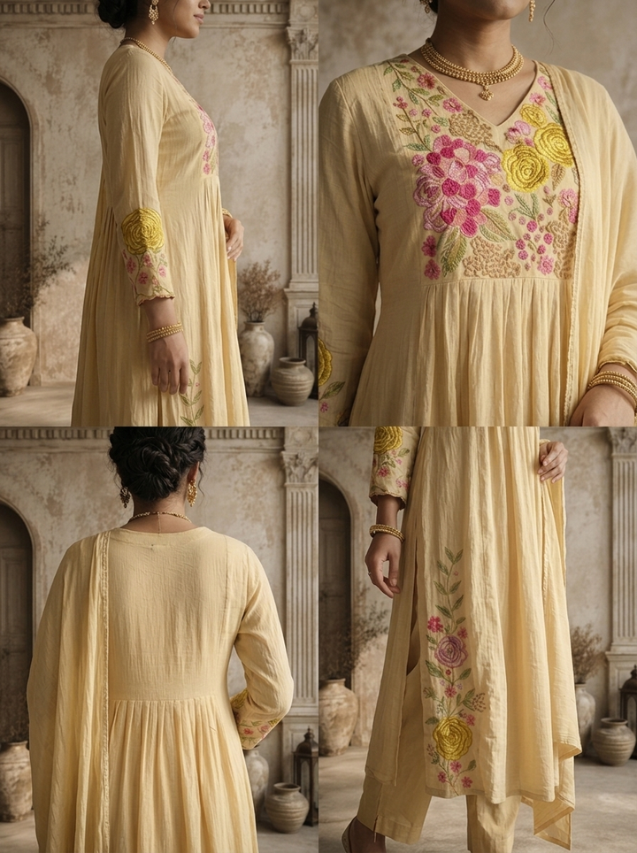 Cream Cotton Floral Thread Embroidered Three Piece Set