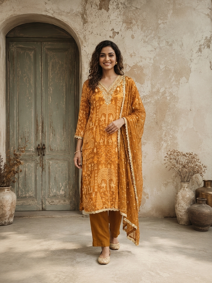 Gold Crepe Palm Tree Printed Three Piece Set