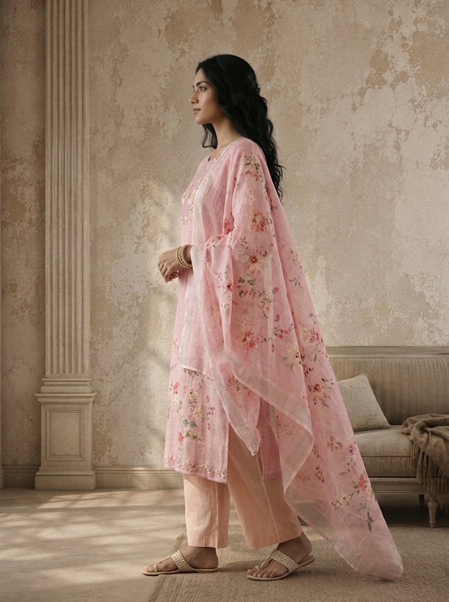 Baby Pink Linen Garden Floral Printed Three Piece Set