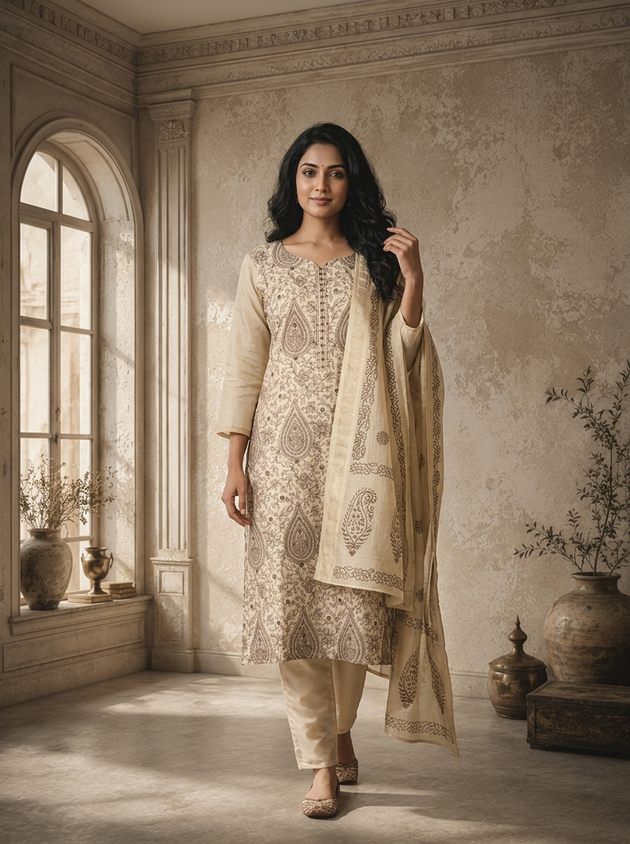 Cream Chanderi Keri Jaal Thread Embroidered Three Piece Set