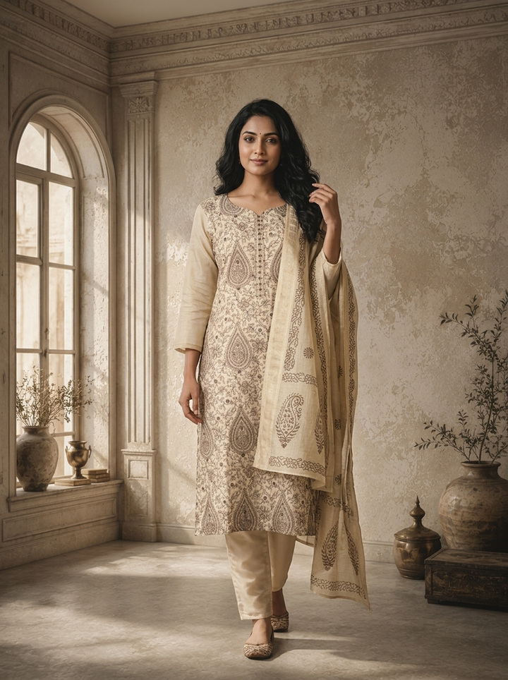 Cream Chanderi Keri Jaal Thread Embroidered Three Piece Set