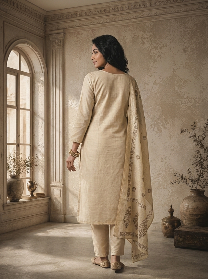 Cream Chanderi Keri Jaal Thread Embroidered Three Piece Set
