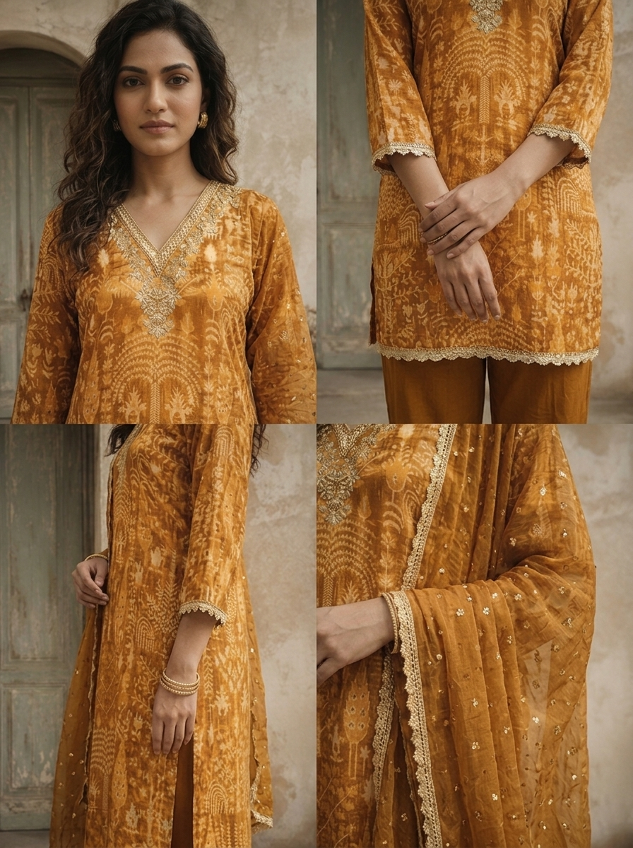 Gold Crepe Palm Tree Printed Three Piece Set