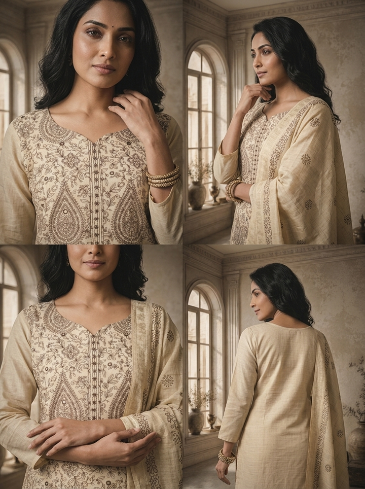 Cream Chanderi Keri Jaal Thread Embroidered Three Piece Set