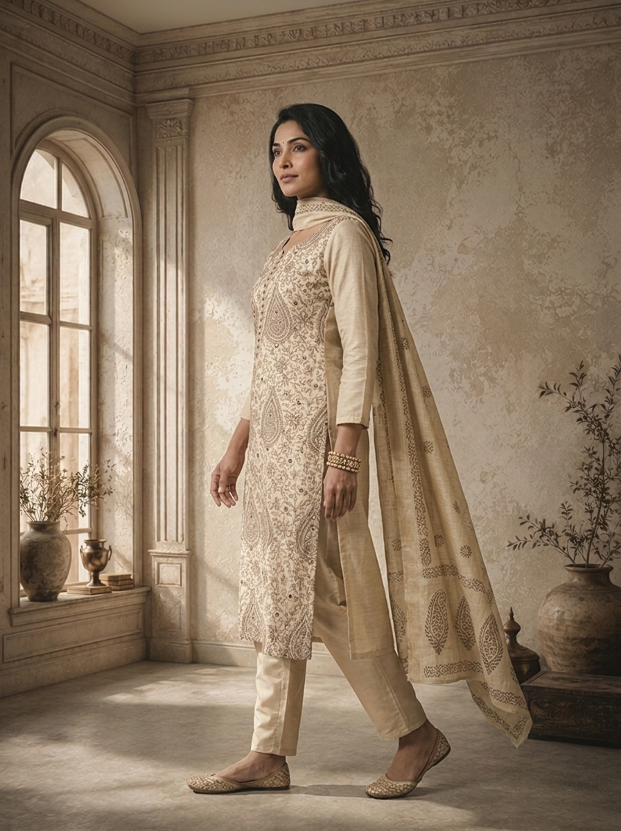 Cream Chanderi Keri Jaal Thread Embroidered Three Piece Set