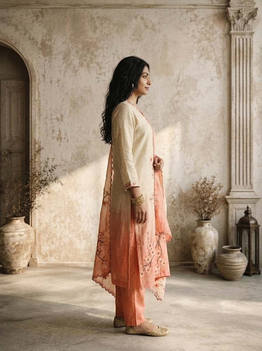 Peach Chanderi Ombre Sakura Floral Jaal Embroidered Three Piece Set