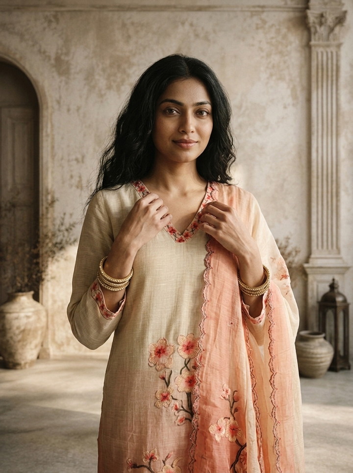 Peach Chanderi Ombre Sakura Floral Jaal Embroidered Three Piece Set