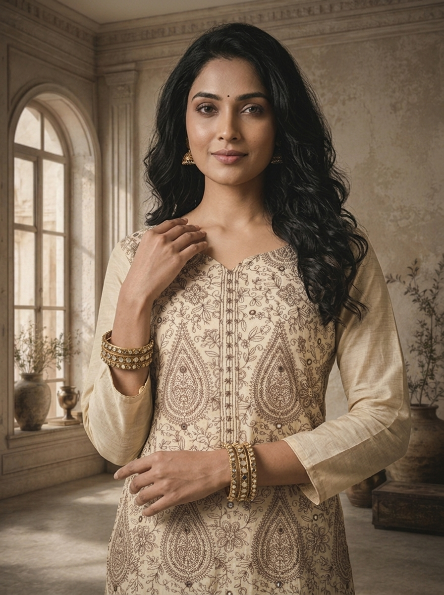 Cream Chanderi Keri Jaal Thread Embroidered Three Piece Set