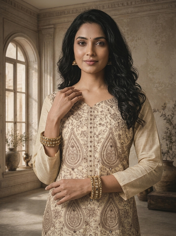 Cream Chanderi Keri Jaal Thread Embroidered Three Piece Set