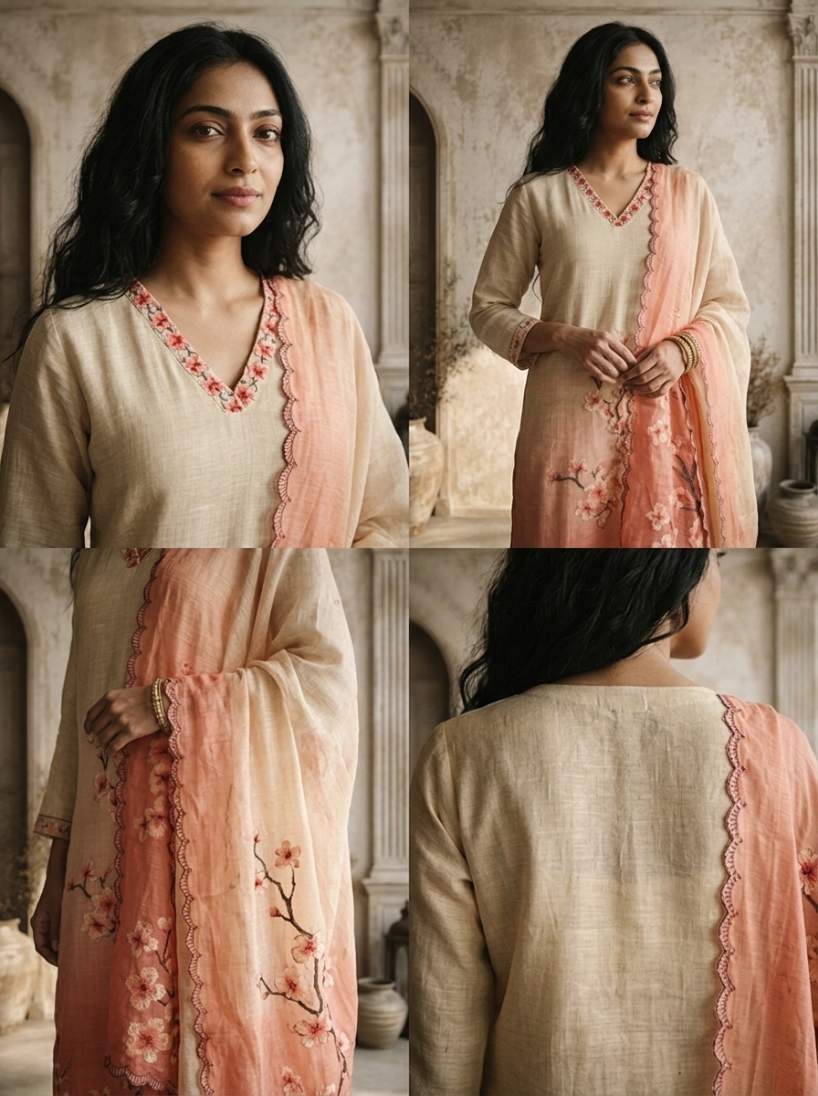 Peach Chanderi Ombre Sakura Floral Jaal Embroidered Three Piece Set