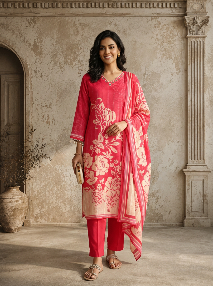 Pink Muslin Rose Floral Printed Three Piece Set