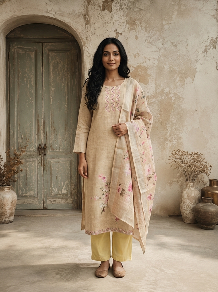 Cream Linen Garden Floral Printed Three Piece Set