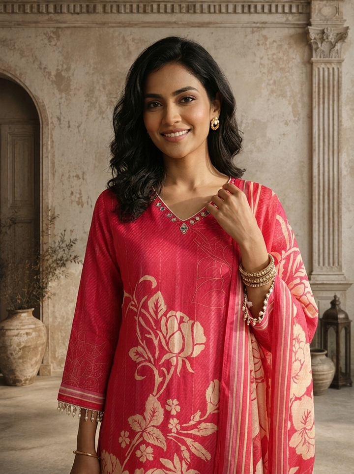 Pink Muslin Rose Floral Printed Three Piece Set