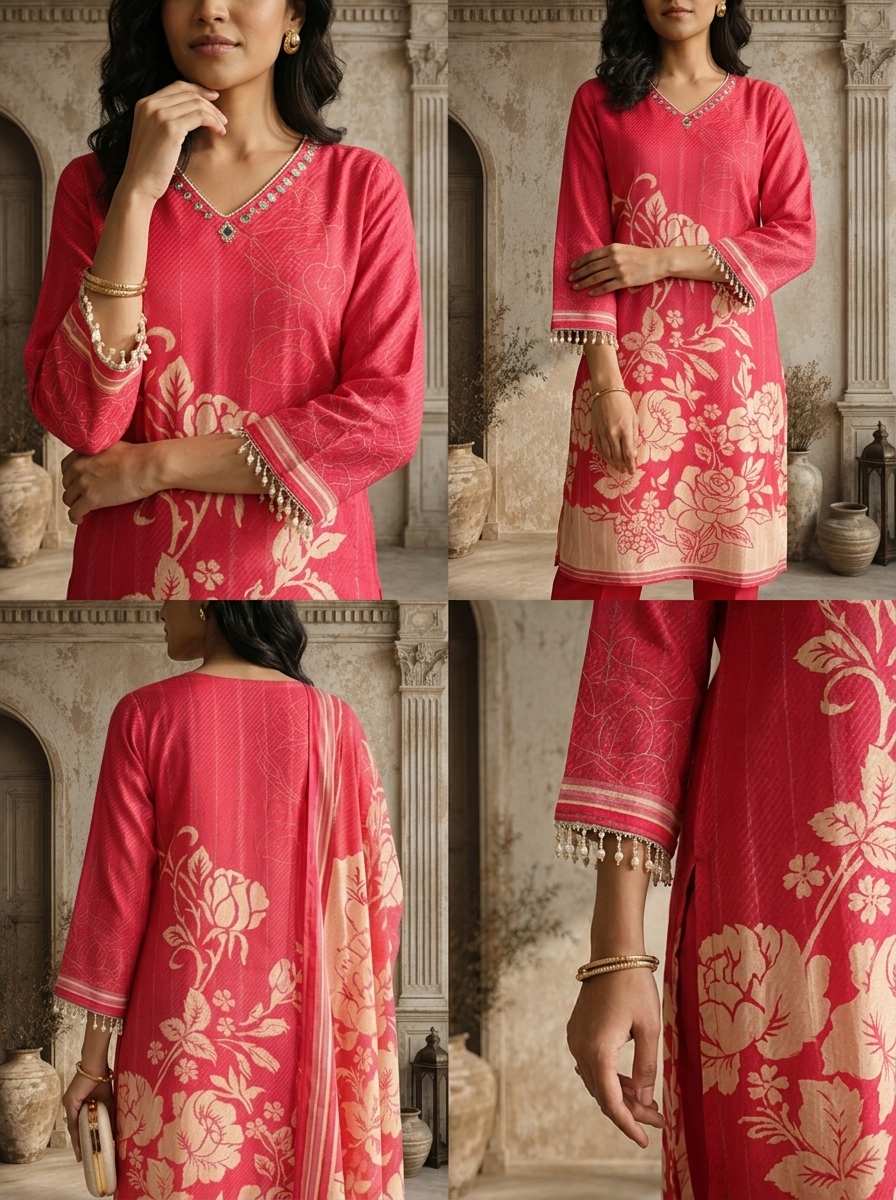 Pink Muslin Rose Floral Printed Three Piece Set