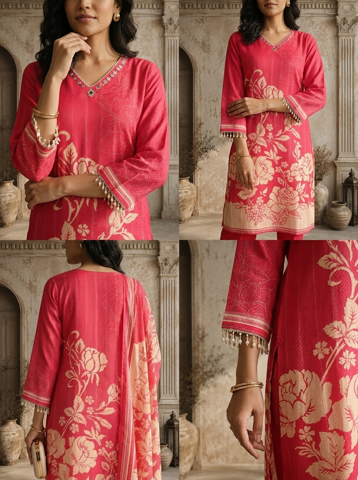 Pink Muslin Rose Floral Printed Three Piece Set