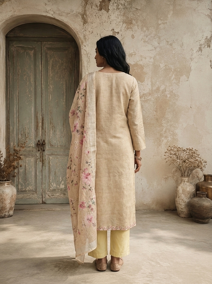 Cream Linen Garden Floral Printed Three Piece Set