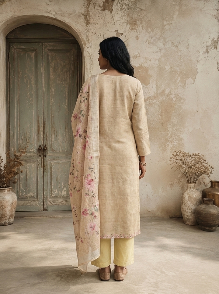 Cream Linen Garden Floral Printed Three Piece Set