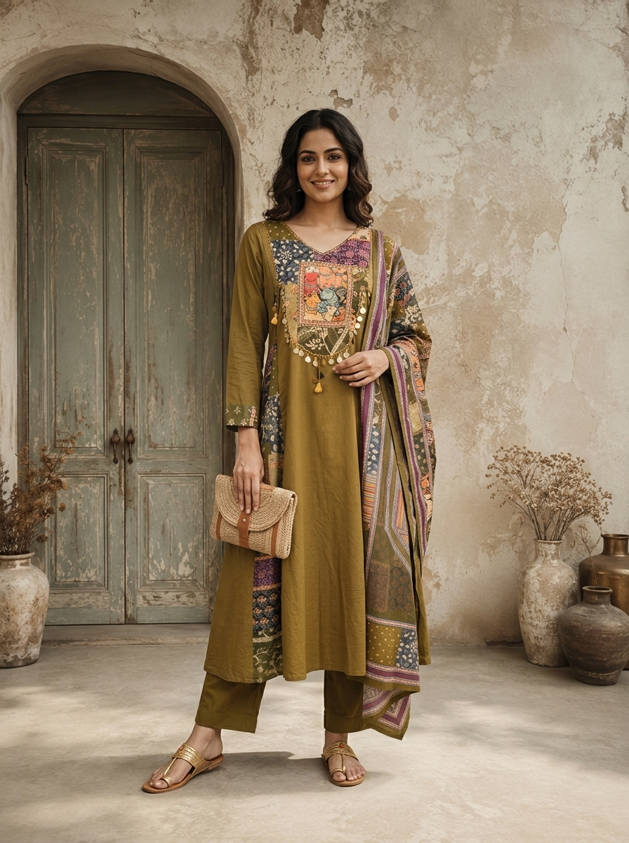 Olive Cotton Animal Printed Three Piece Set
