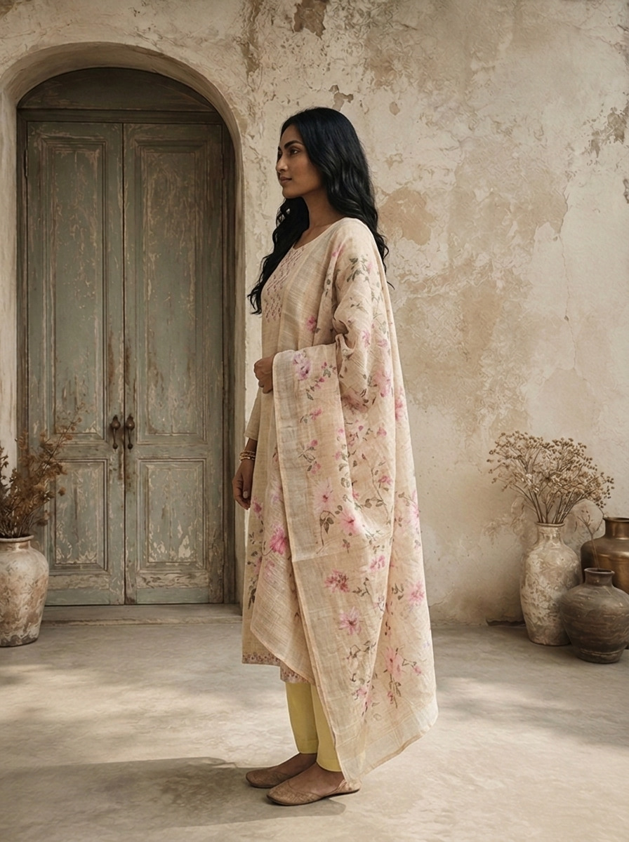 Cream Linen Garden Floral Printed Three Piece Set