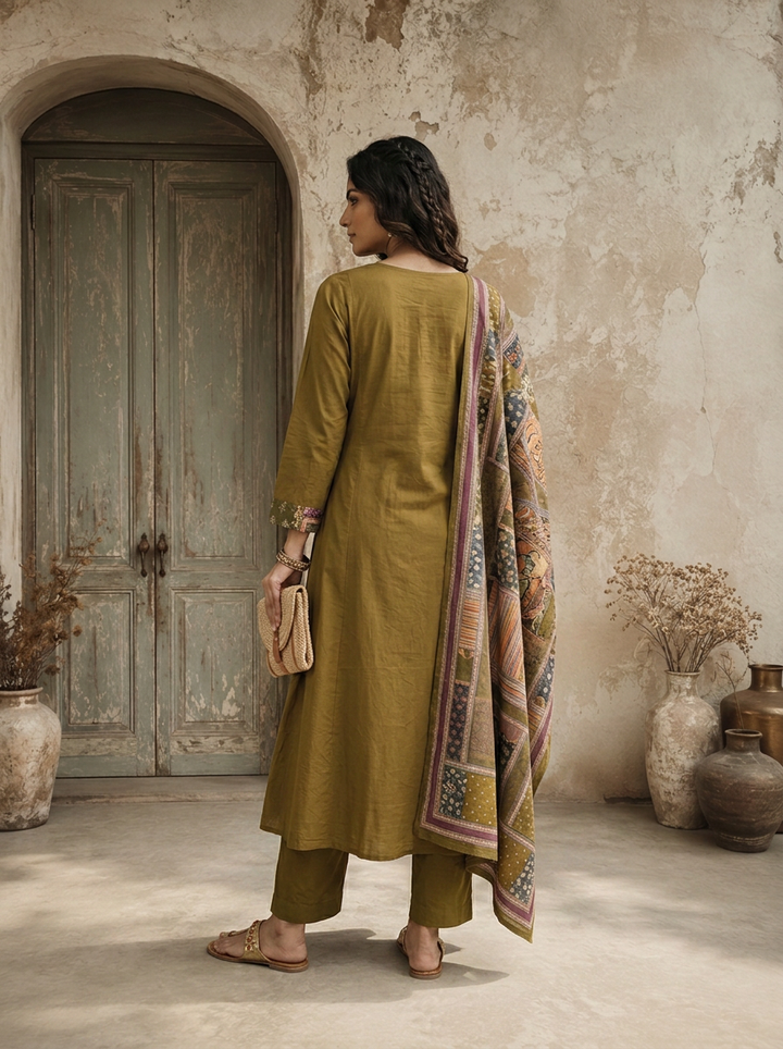 Olive Cotton Animal Printed Three Piece Set