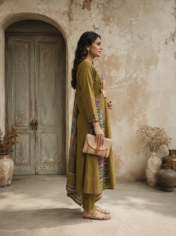 Olive Cotton Animal Printed Three Piece Set