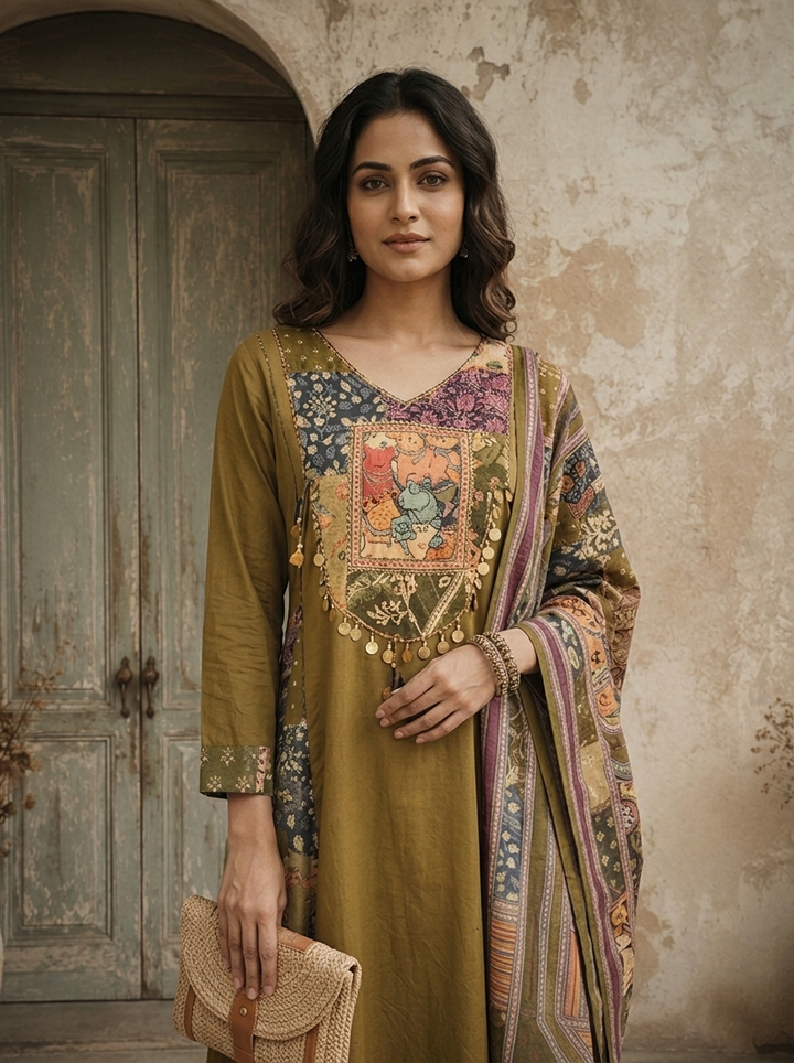 Olive Cotton Animal Printed Three Piece Set
