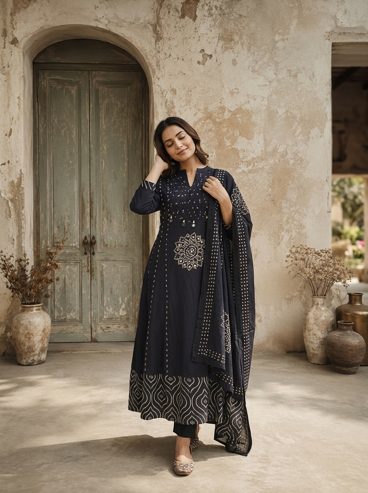 Navy Blue Cotton Mandala Printed Three Piece Set