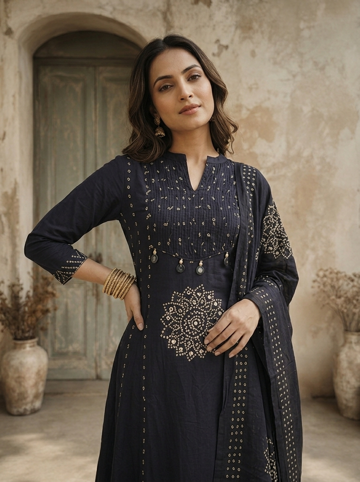 Navy Blue Cotton Mandala Printed Three Piece Set