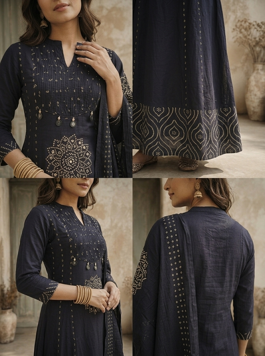 Navy Blue Cotton Mandala Printed Three Piece Set
