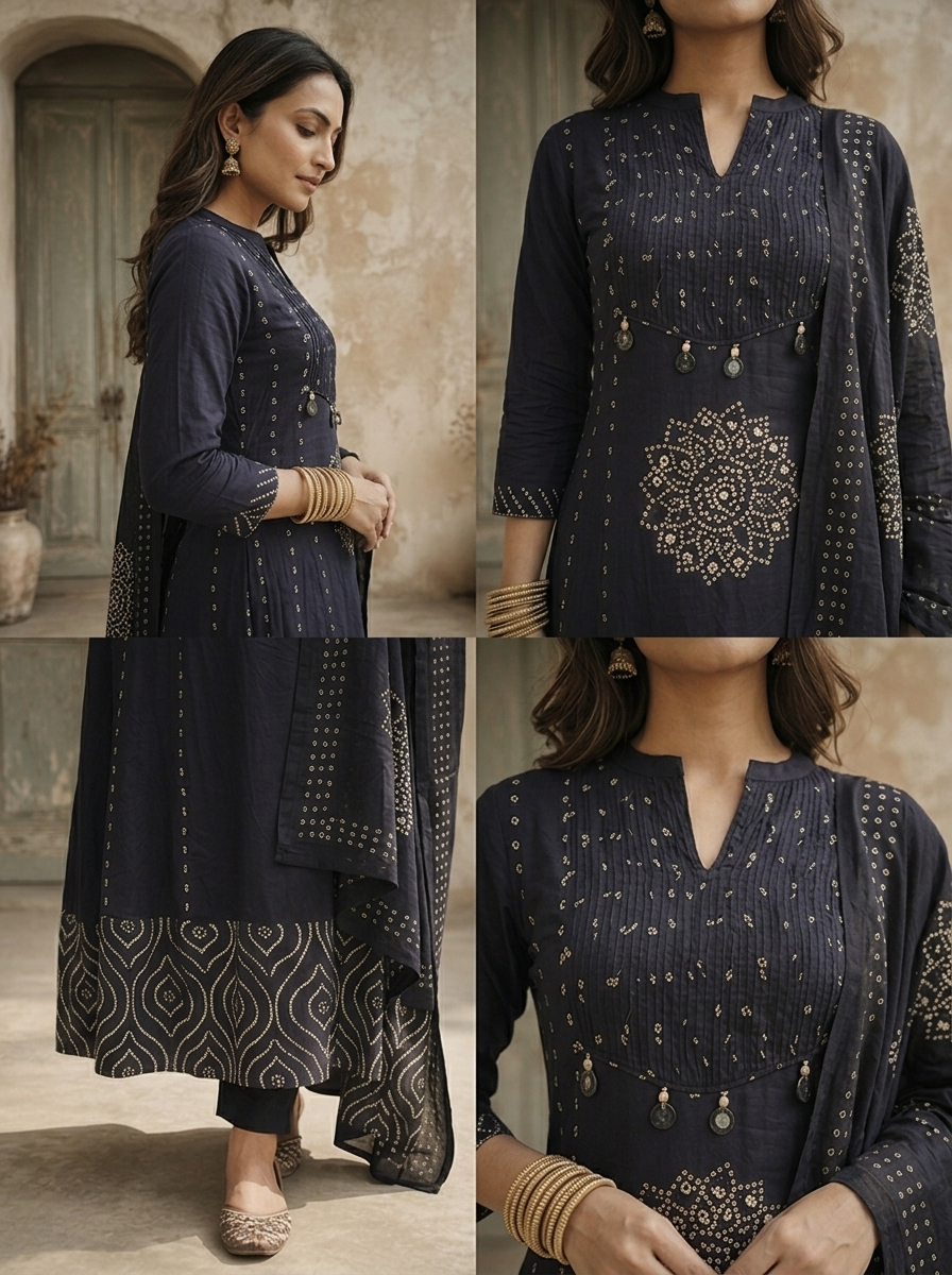 Navy Blue Cotton Mandala Printed Three Piece Set