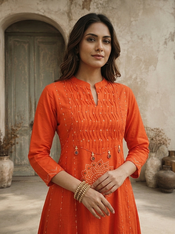 Burnt Orange Cotton Mandala Printed Three Piece Set