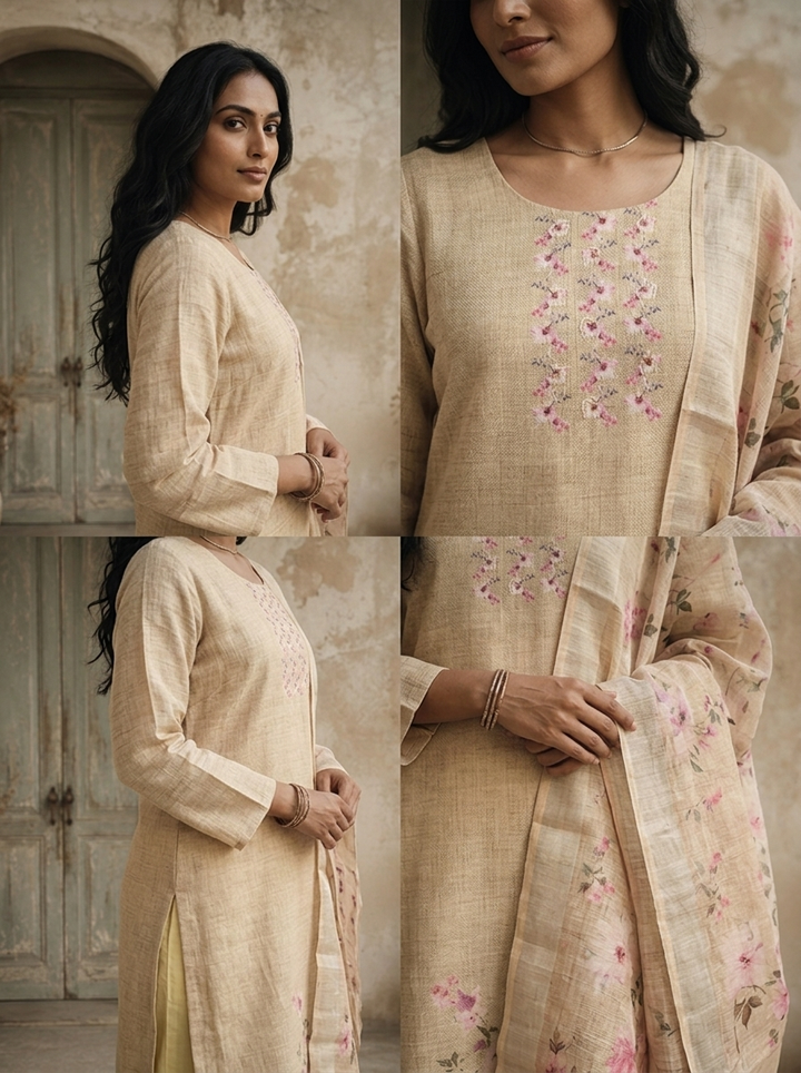 Cream Linen Garden Floral Printed Three Piece Set
