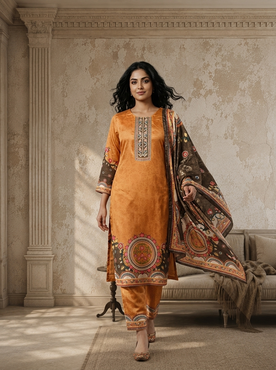 Mustard Orange Crepe Damask Jaal Printed Three Piece Set