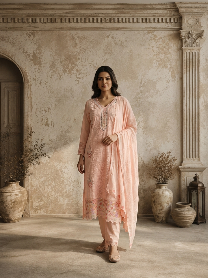 Baby Pink Muslin Multicolor Floral Thread Embroidered Three Piece Set