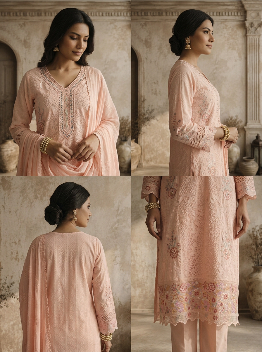 Baby Pink Muslin Multicolor Floral Thread Embroidered Three Piece Set