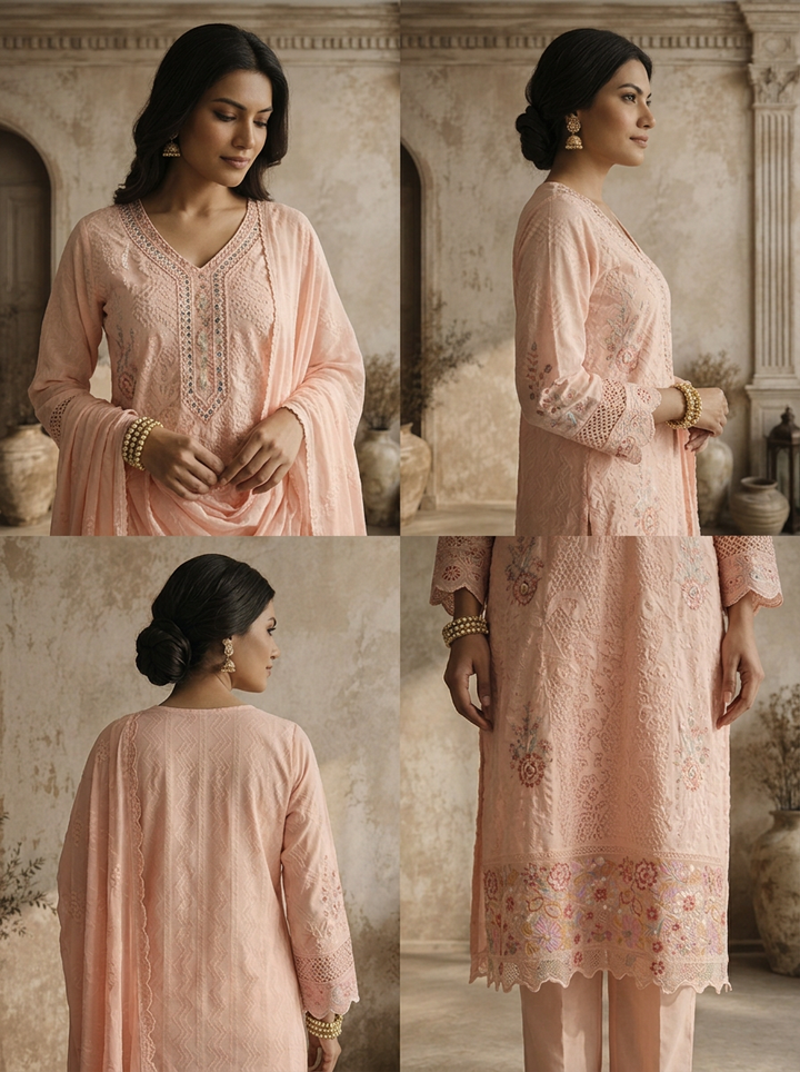 Baby Pink Muslin Multicolor Floral Thread Embroidered Three Piece Set