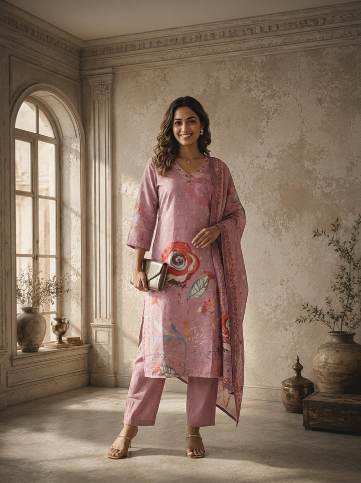 Lilac Silk Butis With Rose Digital Printed Three Piece Set