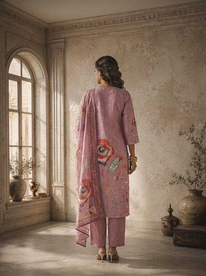 Lilac Silk Butis With Rose Digital Printed Three Piece Set