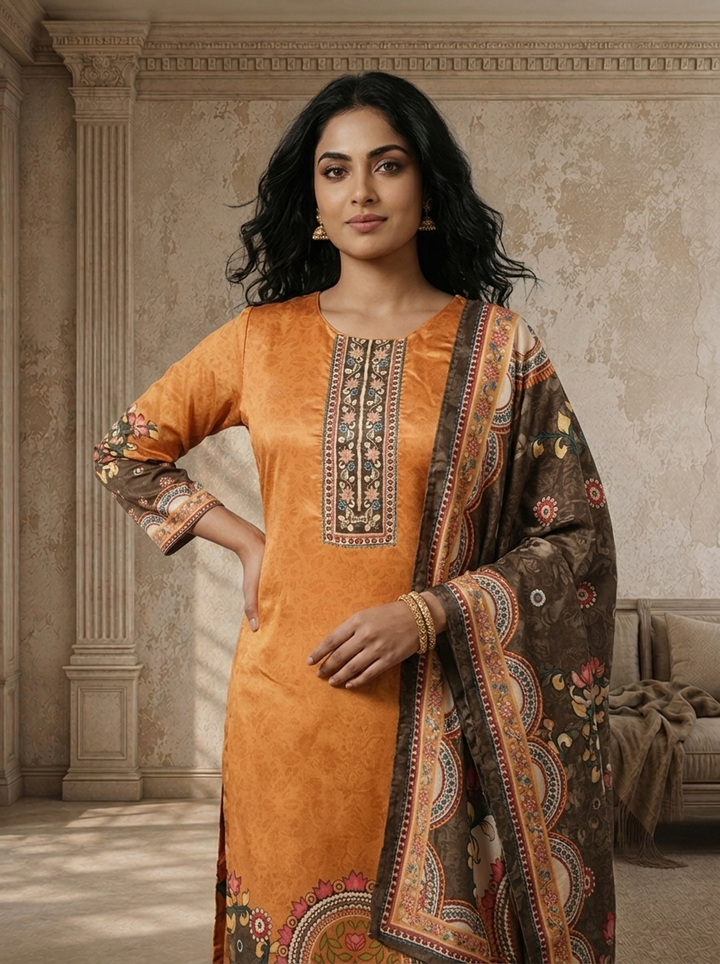 Mustard Orange Crepe Damask Jaal Printed Three Piece Set