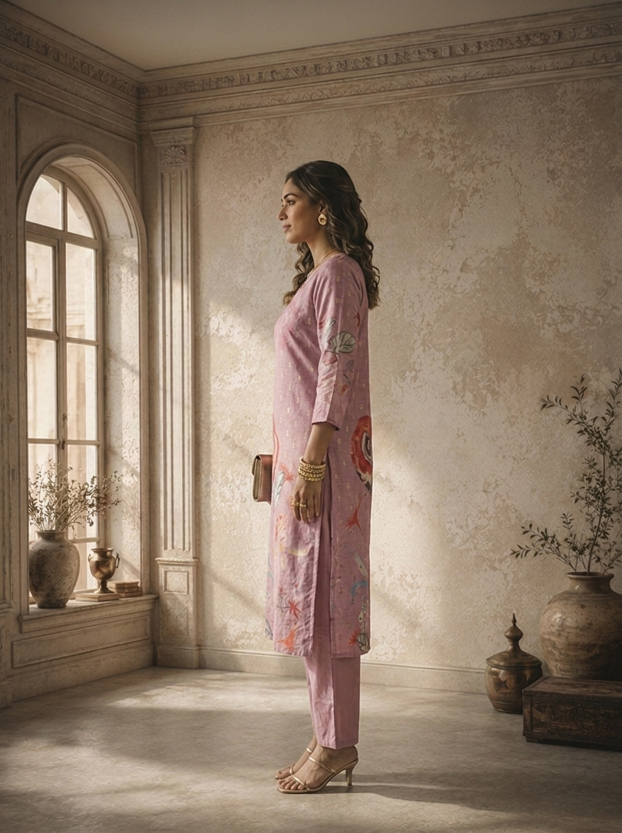 Lilac Silk Butis With Rose Digital Printed Three Piece Set